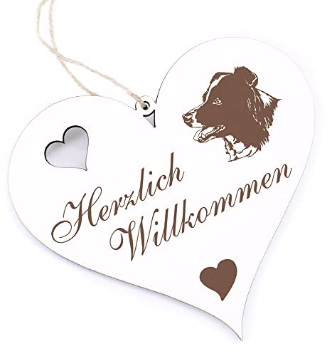Herzlich Willkommen Schild - Australian Shepherd - Deko Herz Holz Willkommensschild Türschild Dekoschild Türdeko