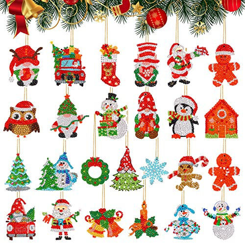 YICHEN DIY Weihnachtsbaumanhänger, 25 Stück Weihnachtsbaum Anhänger Diamond Painting Weihnachts Anhänger, Weihnachten Diamant Malerei Schlüsselbund Weihnachtsbaumschmuck Set, Christbaumschmuck