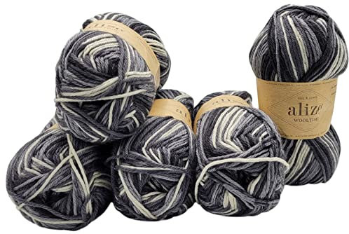 5 x 100 Gramm Sockenwolle Ilkadim Export Wooltime mehrfarbig, 75% Superwash Wolle, 500 Gramm Strickwolle für Stricksocken und Strümpfe (schwarz grau weiss 11016)