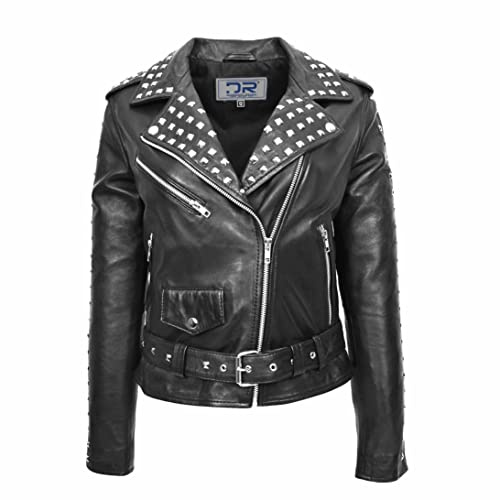 Divergent Retail DR256 Damen Lederjacke mit Nieten im Biker-Stil, Schwarz, Schwarz, 44
