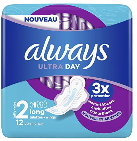 Always Ultra Serviettes Hygiéniques, Taille 2, Long, 12 Serviettes Avec Ailettes, Flux Modérés Jour, Max Confort, Super Absorbantes et Ultra Fines