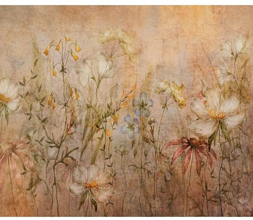 decomonkey Premium Fototapete Wiese Blumen 450x315 cm Design Tapete XXL Fototapeten Vlies Tapeten Vliestapete Wandtapete moderne Wand Schlafzimmer Wohnzimmer Vintage Stein Braun Grün Beige