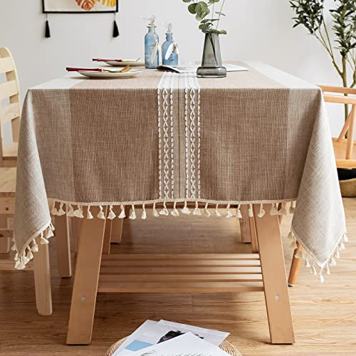 Lifetooler Tischdecke Abwaschbar Leinen Baumwolle Rechteckig Tischtuch Gestreift Design mit Quasten Tischdecke Wasserdicht für Outdoor Garten und Home Küche Dekoration (Braun,140x180cm)