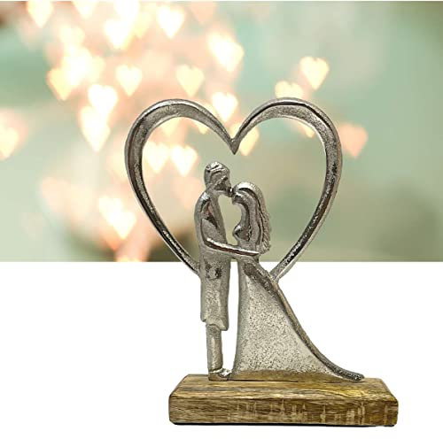 Bada Bing Hochwertige Metall Deko Figur - Brautpaar im Herz - auf Mango Holz Sockel Holzsockel Mangoholz Naturprodukt Skulptur Hochzeitsgeschenk Geschenk Dekoration 58