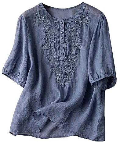 AMhomely Summer Womens Cotton Linen Loose Blouse Top Plus Size Embroidery Floral Work Office Casual Tshirts V Neck Short Sleeve Crop Tops Loose Fit Trendy Ladies Beach Blouse Blue XL