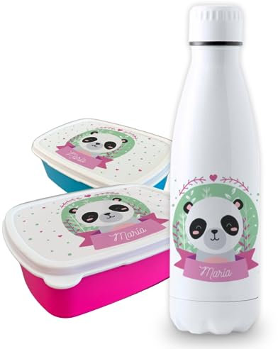 CUAC REVOLUTION Pack vuelta al cole diseño panda botella personalizada + fiambrera personalizada con texto para el colegio o guardería. Libre BPA y reutilizable | Bebidas frías y calientes hasta 12h