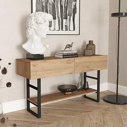 [en.casa] Konsolentisch Lappeenranta Sideboard mit 2 Türen Flurtisch 139x43x76 cm Beistelltisch mit Ablage Büro Wohnzimmer Industrial Eiche/Schwarz