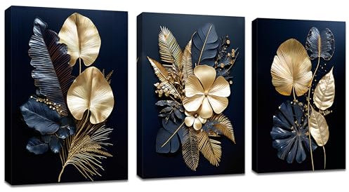 3 Pcs Leinwandbilder Bilder mit Rahmen Marineblau Gold Blumen Kokosnussblatt bild auf leinwand Wandkunst Wandbilder Kunstdruck Deko für Wohnzimmer Schlafzimmer fertig zum Aufhängen 120x60cm(40x60x3)