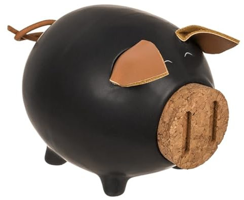 Hucha Cerdito Cerámica con Orejas y Rabo. Hucha Original con Tapón de Corcho en Hocico. (Negro)