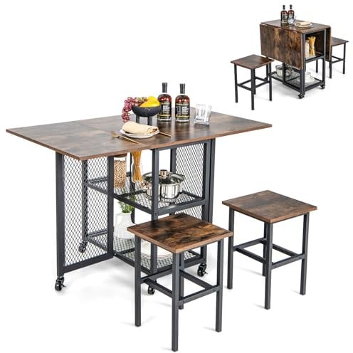 TANGZON Drop Leaf Dining Table and 2 Stools Set, 3 Piece Folding Bar Table Set with 2-Tier Storage Shelf & Wheels, Space-saving Breakfast Table Chairs for Home Dining Living Room Restaurant (Brown)