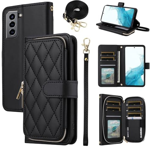ELISORLI Wallet Case for Samsung Galaxy S21 5G 6.2 inch with Wrist Strap, Crossbody Shoulder Strap, 9+ Card Slots Zipper Purse, Luxury PU Leather Stand Cell Phone Cover for S 21 21S G5 Women Black