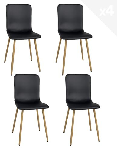 KAYELLES Lot de 4 chaises de Salle à Manger Salon, siège Simili Cuir Noir rembourré, Pieds métal façon Bois Clair Poli (Noir)
