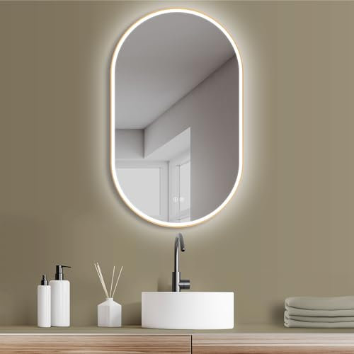 HOKO Badezimmerspiegel mit Anti-Fog, Oval 60x100 cm / 100x60 cm Arona+Metall Rahmen Gold. HOCH+QUER Montage. Groß Badspiegel+Energiesparend LED+Touch Schalter+Licht Wechsel-Warmweiß-Kaltweiß-Neutral