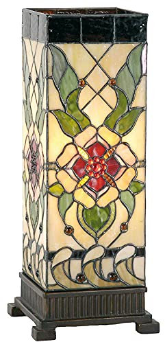 Clayre & Eef Tiffany Tischlampe 18x18x45 cm Beige Grün Glas Rechteck Rose Schreibtischlampe Tiffany