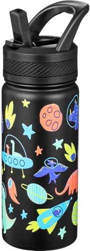 Fanhaw Borraccia Termica per Bambini 550 ml – In Acciaio Inossidabile con Cannuccia, Doppia Parete Isolante, Antigoccia, Senza BPA – Per Bambini e Bambine (Nero - Dinosauro nello Spazio)
