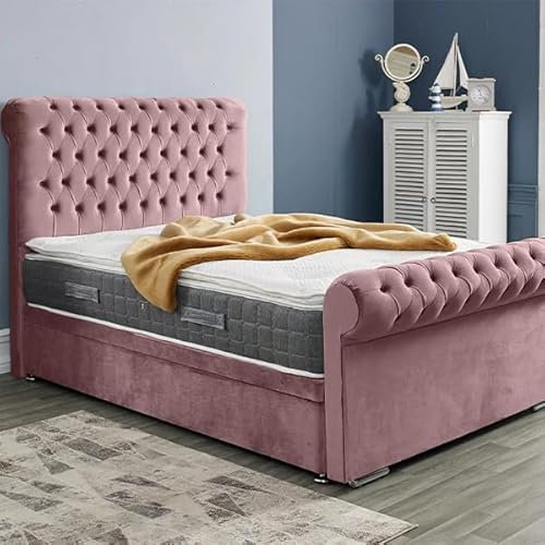 5FT King Ottoman Storage Solid Divan Base Chesterfield Sleigh Bed Frame With Headboard Upholstered In Plush Velvet Pink Bed End Lift - No Mattress (Pink, 5FT King Size Frame With Storage)