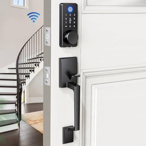 LOCTIAN WiFi-Haustürschloss-Set – Fingerabdruck-Smart-Schlösser, Griff-Set, schlüsselloser Zugang, App, intelligente Steuerung mit 2 Hebelgriffen, automatische Verriegelung, elektronischer