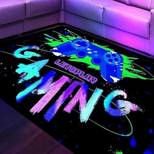HOLAVIDA Neon Spiel Teppiche Gegend, 3D Schwarzlicht UV-Reaktiver Spiel Controller Teppich, rutschfeste Fluoreszierende Bodenmatte, Leuchtet im Dunkeln Spielmatte für Kinder Spielzimmer 180x120cm