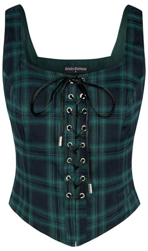 SCARLET DARKNESS Damen Mittelalter Weste Plaid Square Neck Lace-up Festlich Ärmellos Weste Dunkelgrün L