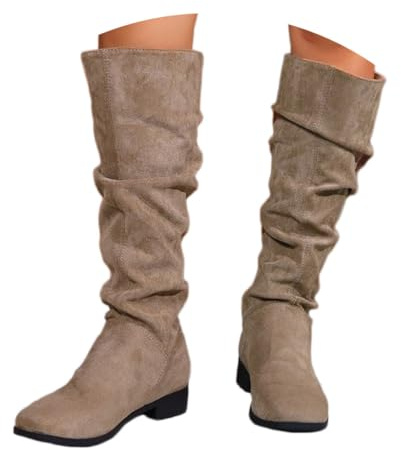 shownicer Botte Hautes Femme Daim Bottes Elegant Bout Rond Bottines Automne et Hiver Talon Bas Boots Confortable Chaussures B Kaki 42