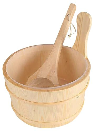 Sauna Bucket and Ladle Set, 6L Wooden Sauna Bucket with Plastic Liner and Ladle Spa Accessory for Bathrooms Hot Tub.