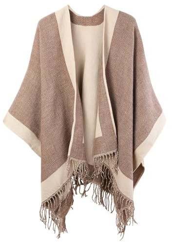 Danfiki Damen Poncho Strick Reversibel Cape Warme Schultertuch Gestrickter Schal Mantel für Frühling Herbst