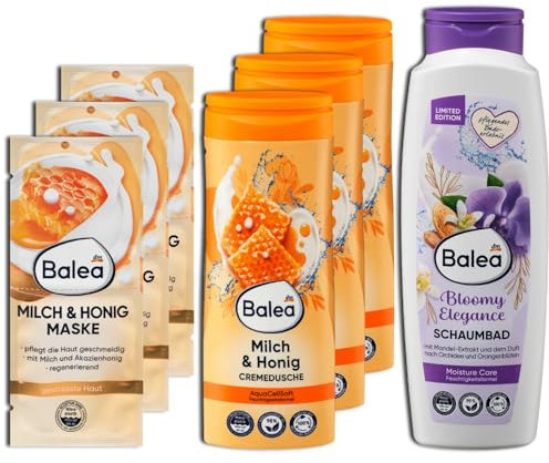 Balea 7er Set: 3x Gesichtsmaske Milch & Honig, 16 ml Besonders für das Gesicht geeignet – 3 x Cremedusche Milch & Honig 300 ml Hauttyp: Sensibel, Empfindlich + 1 Schaumbad 750 ml