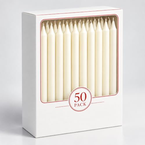 Haltons Tapered Dinner Candles, Unscented, 7-Hour Burn, Ivory, 50 Pack | long tapered candlesticks, drip-free & clean-burning, fits standard holders, elegant for weddings & events, great gift