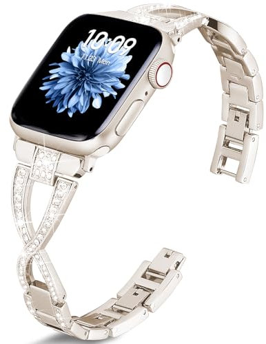 Efolen Diamant Armbänder kompatibel mit Apple Watch Serie 10 9 8 7 6 5 4 3 2 1 SE, Damen Bling Metallarmband Zubehör Uhrband passen 38mm 40mm 41mm 42mm 44mm 45mm 46mm 49mm Armband