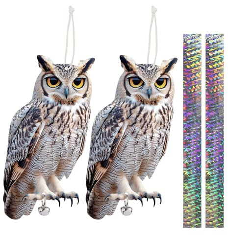 2 Stück Vogelschreck, Taubenabwehr, Taubenschreck für Balkon, Vögel Vertreiben, Specht Abwehr, Eule mit Vogelabwehr Band,Spatzen Vertreibe, Abwehr Gegen Tauben, Vogelabwehr Schwalben