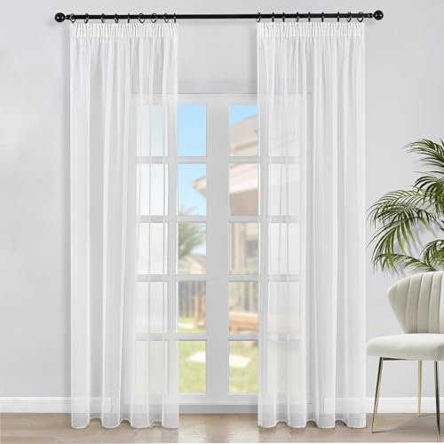 gvivej Gardine aus Voile, 2er Set Weiß Scheibengardine, Transparente Gardine Polyester, 140 x 230 cm mit Kräuselband für Wohnzimmer Schlafzimmer