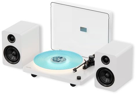 WhatPlus Vinyl Record Player with Bluetooth, Speakers and LED Lighting | Adjustable counterweight, built-in phono preamp, 33/45 RPM and AT-3600L cartridge for high-fidelity vinyl playback.