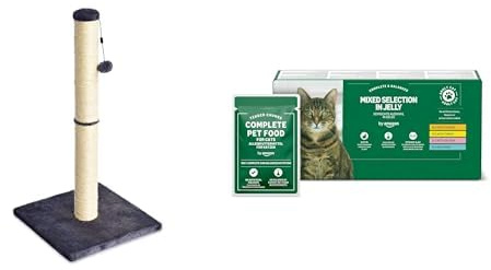 Amazon Basics Cat Scratching Post (80cm, Grey) with by Amazon Grain-Free Adult Cat Food Mixed Selection (48x100g)