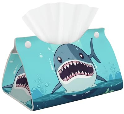Cartoon Shark Floating in Water Tissue Box Cover Rectangle, Modern PU Leather Tissue Holder for Bathroom, Decorative Stylish Wipes Dispenser Paper Cover Case Napkin Holder for Home Decor