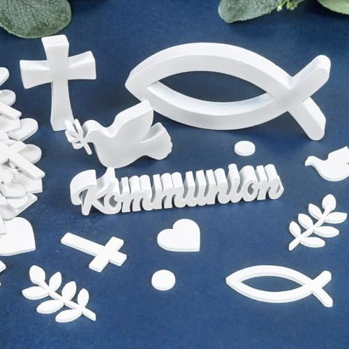Kommunion Deko Set aus Holz – 68 Stück Tischdeko zur Erstkommunion, Holz Kommunion Schriftzug und Konfetti, für Mädchen und Jungen