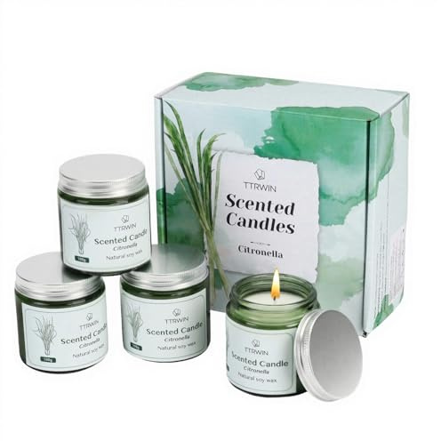 TTRWIN Citronella Kerzen, 4er Outdoor Kerzen, Natürliches Sojabohnenwachs | Geeignet für Grillabende, Picknicks oder Camping, Garten-Nachmittagstee, die Geschenk für Familie und Freunde