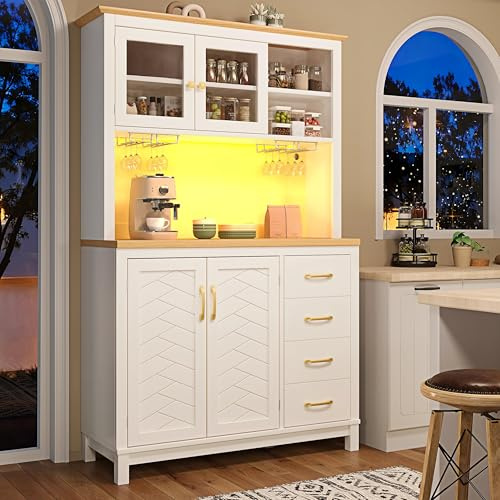 Ktipm Armario Cocina Alto con Luz LED y Almacenaje, Aparador Cocina con Cajón y 4 Puertas, Mueble Aparadores Alacena de Cocina Despensa con Portavasos y Dispositivo Antivuelco, 105.5x40x180 cm, Blanco