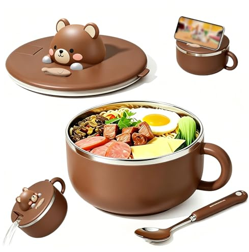 1200 ml Instant-Ramen-Schüssel mit Deckel und Löffel, Instant-Nudelschüssel mit Griffen, Tragbarer Mikrowellengeeigneter Ramen-Kocher, für Bento, Mittagessen, Suppe, Nudeln (Bär)