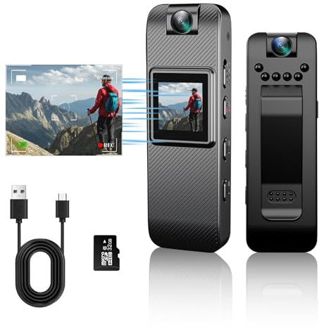 Mini Body Camera, HD 1080P Wearable Body Cam with 32GB Card, 1.3'' Display | Pocket Camera, Night Vision, 180° Rotating Lens, Portable Video Recorder POV Camera for Vlogging, Sports, Delivery