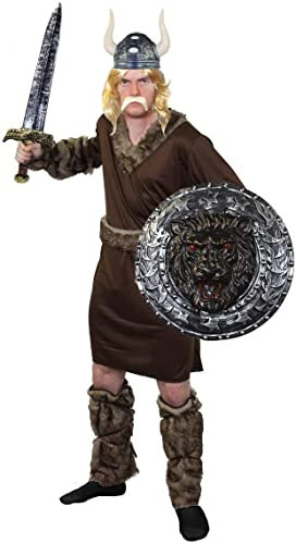 Viking-Krieger-Kostüm für Erwachsene – Barbarian-Film, Film, Kostüm, Kostüm, Kostüm, für Herren – Wikinger-Kostüm, blonde Perücke, Helm, Schwert/Schild und Schnurrbart (Größe M)