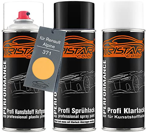 TRISTARcolor Autolack Spraydosen Set für Kunststoff Stoßstange für Renault/Alpine 371 Jaune De Chrome Haftgrund Basislack Klarlack mit Weichmacher Sprühdose