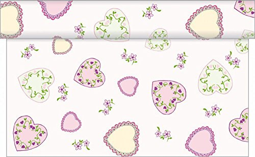 Sovie HOME Tischläufer Sweet Love Rosa, Linclass Airlaid, 40cm x 4,80m, 1 Stück, alle 30cm perforiert, romantische Herzen mit Floraldesign, Ideal für Hochzeit, Verlobung, Taufe, Babyshower