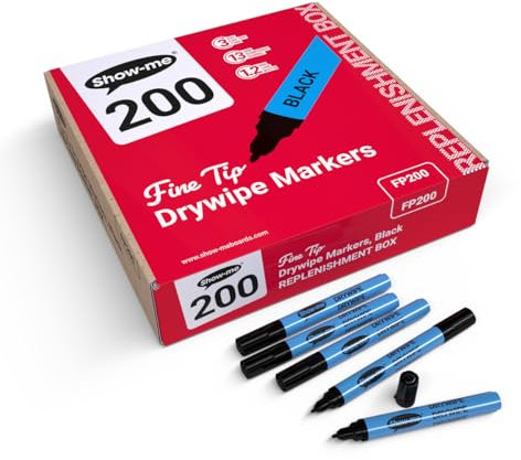Show-me Fine-Tip Drywipe Whiteboard Pens for Schools and Classrooms – Black (200 Pack of Markers)