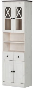 Cornelia Hochschrank Weiß, 60 x 30 x 176 cm, Badschrank aus FSC-zertifiziertem Kiefernholz mit 4 Türen, 2 Schubladen und offenen Fächern, Hochschrank im Landhausstil für Badezimmer und Gäste-WC