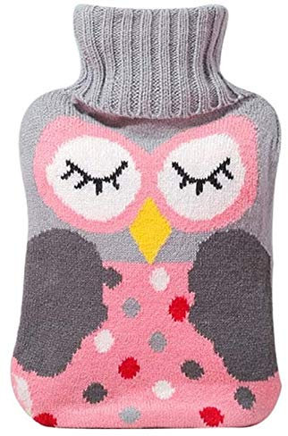 VOARGE Wärmflasche mit Bezug, Wärmflaschen 2 Liter mit Strickbezug Rollkragen Wärmekissen, Wärmflasche kinder Sicher und langlebig Geprüft Und Frei Von Schadstoffen, das perfekte Geschenk (Rosa Eule)