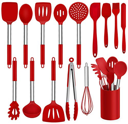 Kitchen Utensil Set, Homikit 15 Piece Silicone Cooking Utensils Spatulas Set with Holder, Heat Resistant Kitchen Tools Turners Spatulas Spoons for Non Stick Cookware, Stainless Steel Handle (Red)