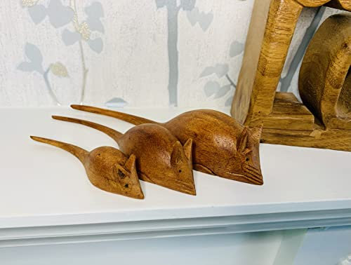 My Family House Mice Statues in Brown Wood - Hand Carved Animal Figurine - Set of 3