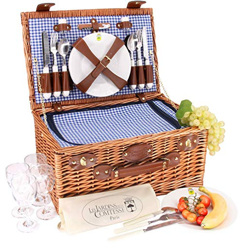 Les Jardins de la Comtesse - Panier Pique-Nique Marly Tissu Vichy Bleu - Complet- 4 Personnes - Compartiment Glacière Isotherme - Assiettes en Céramique et Verres à Vin en Verre - 46 x 31 x 20 cm