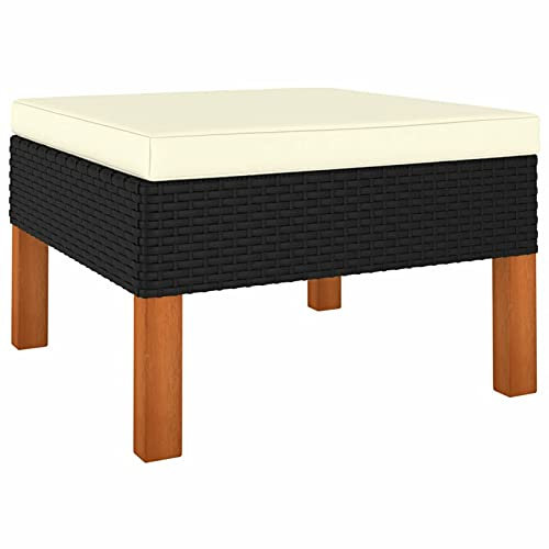 Tidyard Fußbank mit Sitzpolster Sitzhocker Fußhocker Fußablage Gartenhocker Hocker Garten Balkon Terrasse Poly Rattan Eukalyptusholz Massiv 60 x 60 x 32 cm