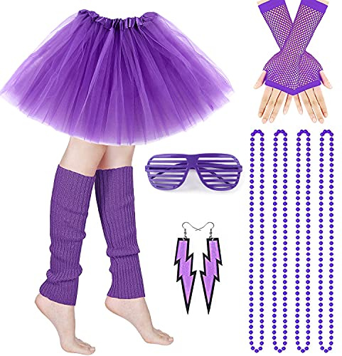 M MUNCASO 80s Fancy Dress Costume, 1980s Fancy Party Costume Set Adult Tutu Skirt with Leg Warmers Fishnet Gloves Neon Necklaces Bead Lighting Earrings Sunglasses for 80s Retro Party